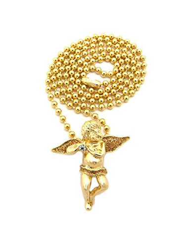 Glitter Solitaire Angel Pendant 3mm 27" Ball Chain Necklace in Gold/Gold-Tone