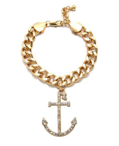 Paved R Navy Anchor 10mm 7.25" + Extension Link Chain Celebrity Fan Bracelet - Gold-Tone