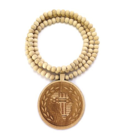 Olive Branch Peace Africa Wood Medal Pendant 36" Wooden Bead Chain Necklace in Natural-Tone WJ189NL