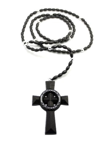 Jet Black Veritas Aequitas Cross Pendant 5mm 39" Wooden Rosary Necklace
