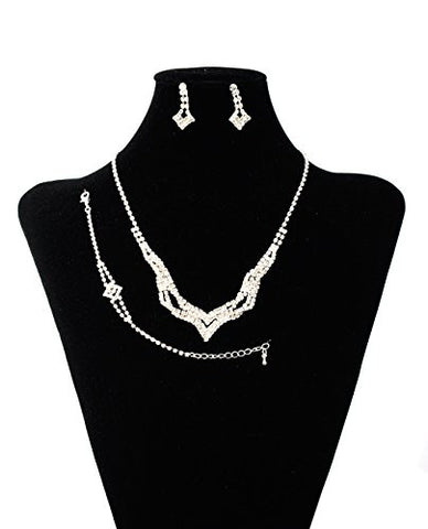 Rhinestone Studded Chevron Design Necklace, Earrings, & Bracelet Jewelry Set in Silver-Tone