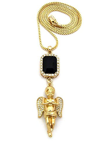 Black Gemstone Pave Praying Cherub Link Pendant 2mm 30" Box Chain Necklace in Gold-Tone
