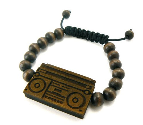 Hip Hop Boombox Wooden Pendant Wood Bead Chain Bracelet in Brown-Tone WB4BRN