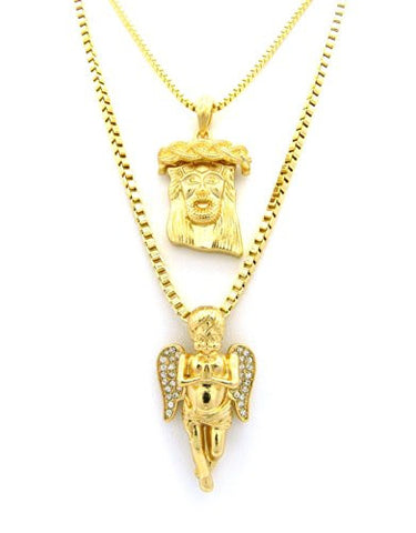 Pave Angel & Solid Jesus Micro Pendants w/ Varying Box Chains - Gold Tone RC315G