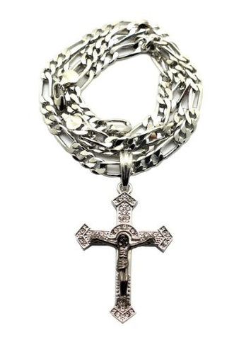 Silver Tone Crucifixion Cross Charm 5mm 24" Figaro Chain MSP328R