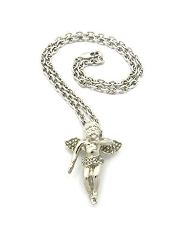Pave Floating Angel Pendant 4mm 18" Link Chain Necklace for Women - Silver-Tone