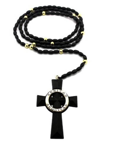 Black/Gold Tone Wooden Veritas Aequitas Cross Pendant w/ 39" Rosary Necklace