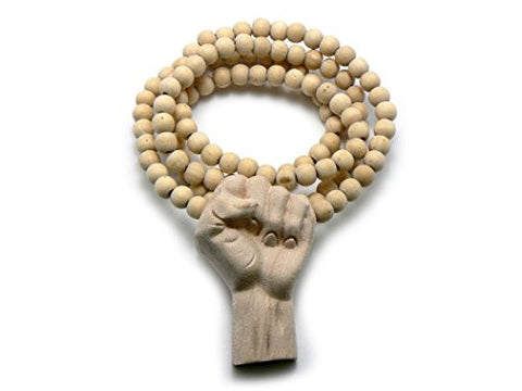 3D Raised Fist Wood Pendant 36" Wooden Bead Chain Necklace