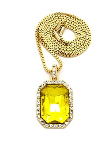 Hip Hop Rapperz Micro Yellow Stone Pendant 2mm 24" Box Chain Necklace in Gold-Tone