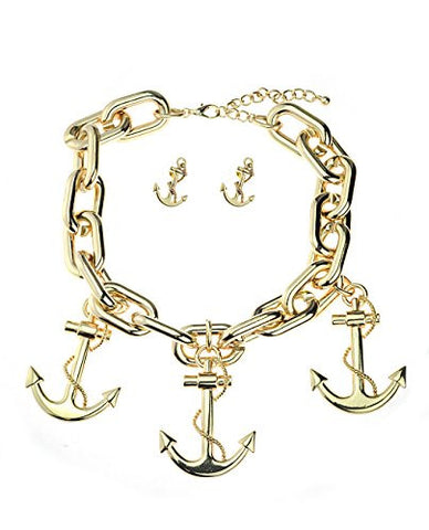 Women's Anchor & Rope Pendant Chain Link Necklace and Earring Set in Gold-Tone