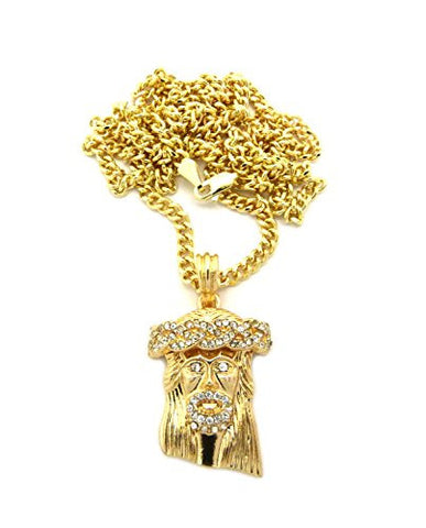 Pave Crown of Thorns Jesus Pendant 3.5mm 30" Cuban Link Chain Necklace in Gold-Tone