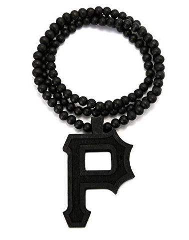 Letter P Wooden Pendant 8mm 36" Wood Bead Chain Necklace in Black