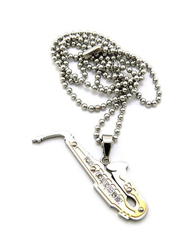 Two-Tone Pave Saxophone Pendant Necklace with 2mm 24" Stainless Steel Ball Chain