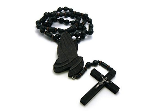 Praying Hands and Crucifix Cross Pendant Wood Rosary Necklace in Black-Tone