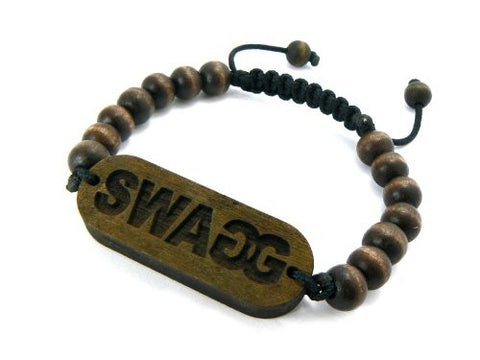 Wooden SWAGG Pendant Wood Bead Chain Bracelet in Brown-Tone WB11BRN
