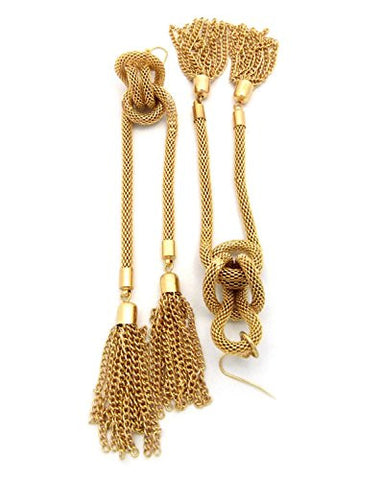Double Tassel End Mesh Chain Knot Drop Earrings in Gold-Tone