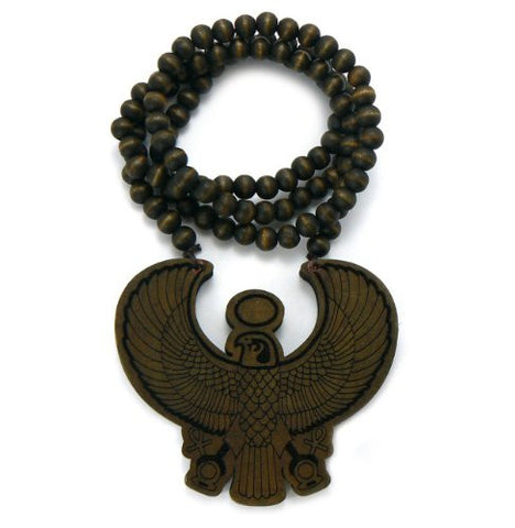 Wood Engraved Horus Bird Pendant 36" Wooden Bead Chain Necklace in Brown-Tone WJ118BRN