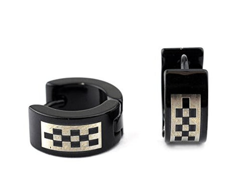Checkerboard Print Stainless Steel Mini Hoop Earrings in Black SSE8BK