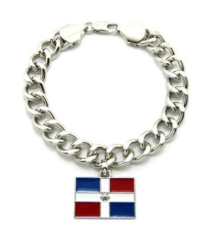 Dominican Republic Flag Pendant 10mm 7" Link Chain Bracelet in Silver-Tone