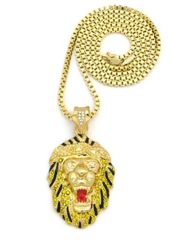 Iced Out Rappers Lion Head Pendant with 3mm 30" Box Chain - Gold-Tone