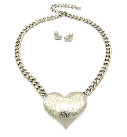 Brushed Heart Pendant Chain Necklace and Earring Set