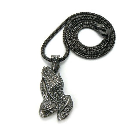 Paved Praying Hands Pendant in Hematite Tone w/ 36" Franco Chain GAP30HE