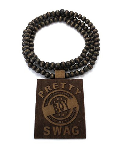 Pretty Boy Swag Wood Pendant 36" Wooden Bead Chain Hip Hop Necklace in Brown-Tone WJ174BRN