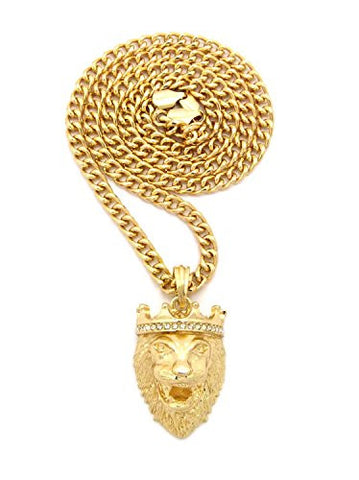 Stone Stud Crown King Lion Head Pendant w/ 5mm 24" Cuban Chain Necklace in Gold-Tone