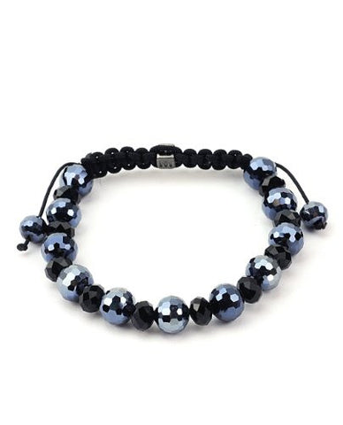 Black/Hematite Tone Faux Glass Beads Adjustable Macrame Bracelet MHB111