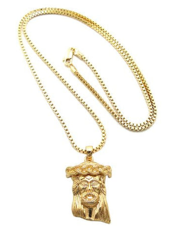 Gold Tone Jesus Face Micro Pendnant Necklace 2mm 30" Box Chain MMP24GBX