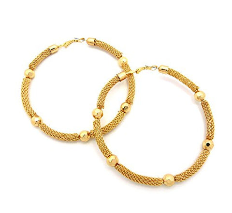 Ball Charm Tube Mesh Chain Look 3.25" Diameter Hoop Earrings in Gold-Tone