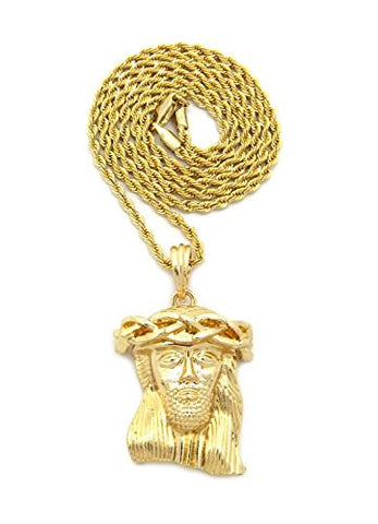 Polished Micro Jesus Head Pendant w/ 2mm 24" Rope Chain Necklace in Gold-Tone