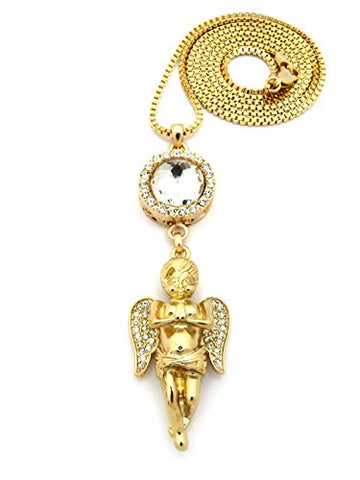 Round Clear Stone with Pave Prayer Angel Pendant 2mm 30" Box Chain Necklace in Gold-Tone
