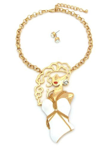 Glam Girl Pendant 15" Necklace w/ Earrings in Gold/White Tone JS1020GDWHT