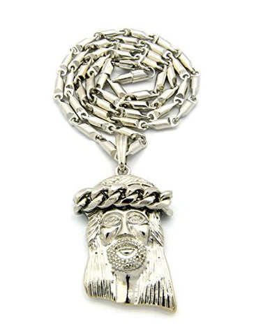Plain Crowned Jesus Pendant with 4mm 24" Bullet Chain Necklace in Silver-Tone RC561R