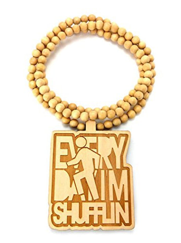 Everyday I'm Shufflin Wood Pendant 36" Wooden Bead Chain Necklace in Natural-Tone WX73NL