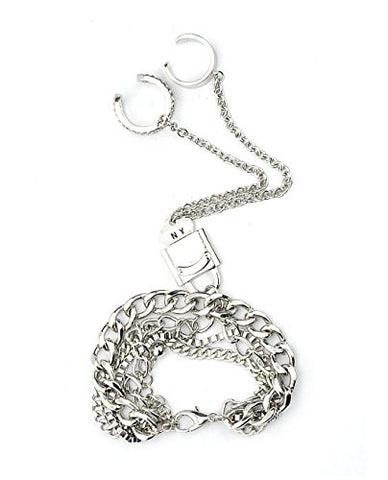 Silver-Tone Link Chain Padlock Two Ring-Bracelet Hand Jewelry