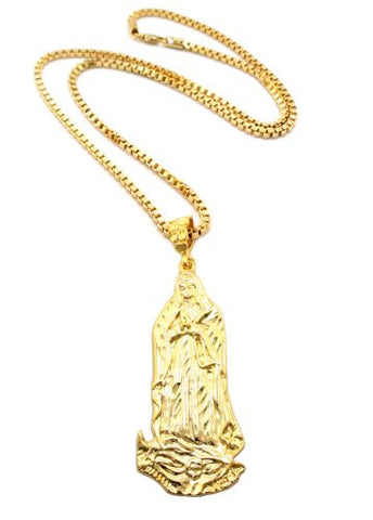 Gold Tone Mother Mary Pendant 3mm 24" Box Chain Necklace RC136G