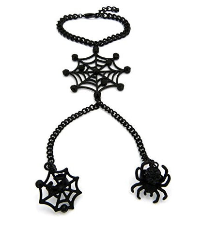 Spider & Spiderweb Charm Bracelet Ring Halloween Style Hand Jewelry in Jet Black-Tone