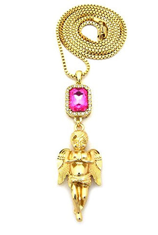 Pink Stone & Solid Praying Angel Pendant 2mm 30" Box Chain Necklace in Gold-Tone