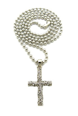 Swirl Pattern Rhinestone Cross Micro Pendant 3mm 27" Ball Chain Necklace in Silver-Tone