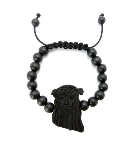 Wooden Jesus Pendant Wood Bead Chain Bracelet in Black-Tone WB13BK