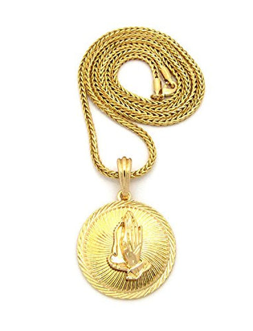 Solid Praying Hands Medallion Pendant w/ 3mm 24" Franco Chain Necklace in Gold-Tone