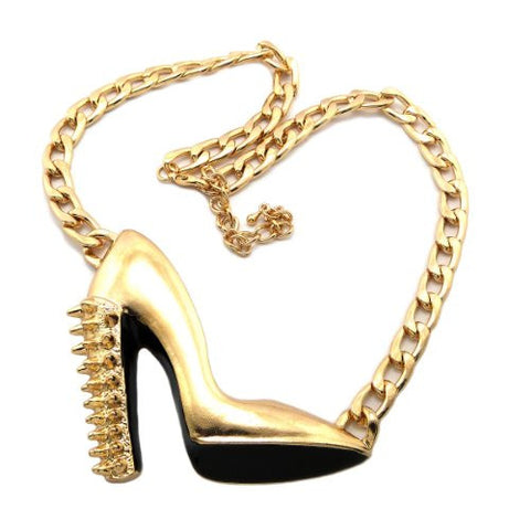 Studded High Heel Necklace with 9mm 16" + Extension Chain in Black/Gold-Tone
