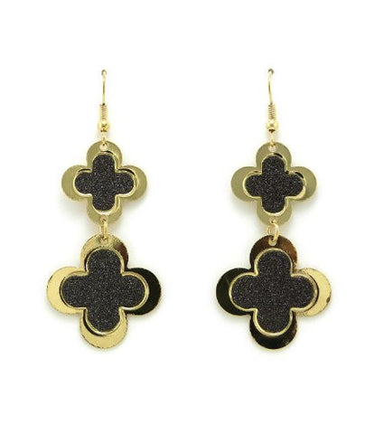 Shimmer Good Luck 4 Leaf Clover Design Drop Earrings in Black/Gold-Tone