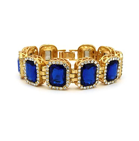 Rhinestone Studded Faux Sapphire Stone Pendant Hip Hop Fashion Bracelet in Gold-Tone
