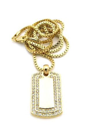 Stacked Rhinestone Micro Dog Tag Pendant w/ 24" Box Chain - Gold Tone XMP13GBX