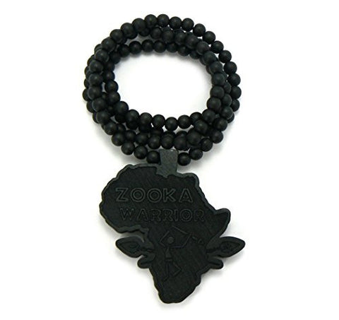 Zooka Warrior Wood Africa Pendant 36" Wooden Bead Chain Necklace in Black-Tone WX5BK