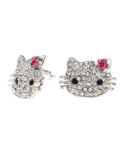 Pave Kitty Cat Rhinestone Stud Earrings in Silver-Tone