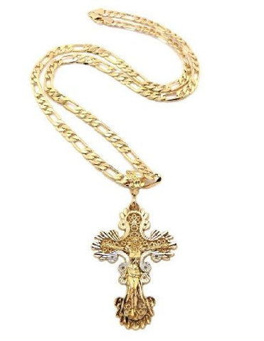 Trendy Gold Jesus On Cross Leaf Pendant w/ 5mm 24" Figaro Chain Necklace XOP46G